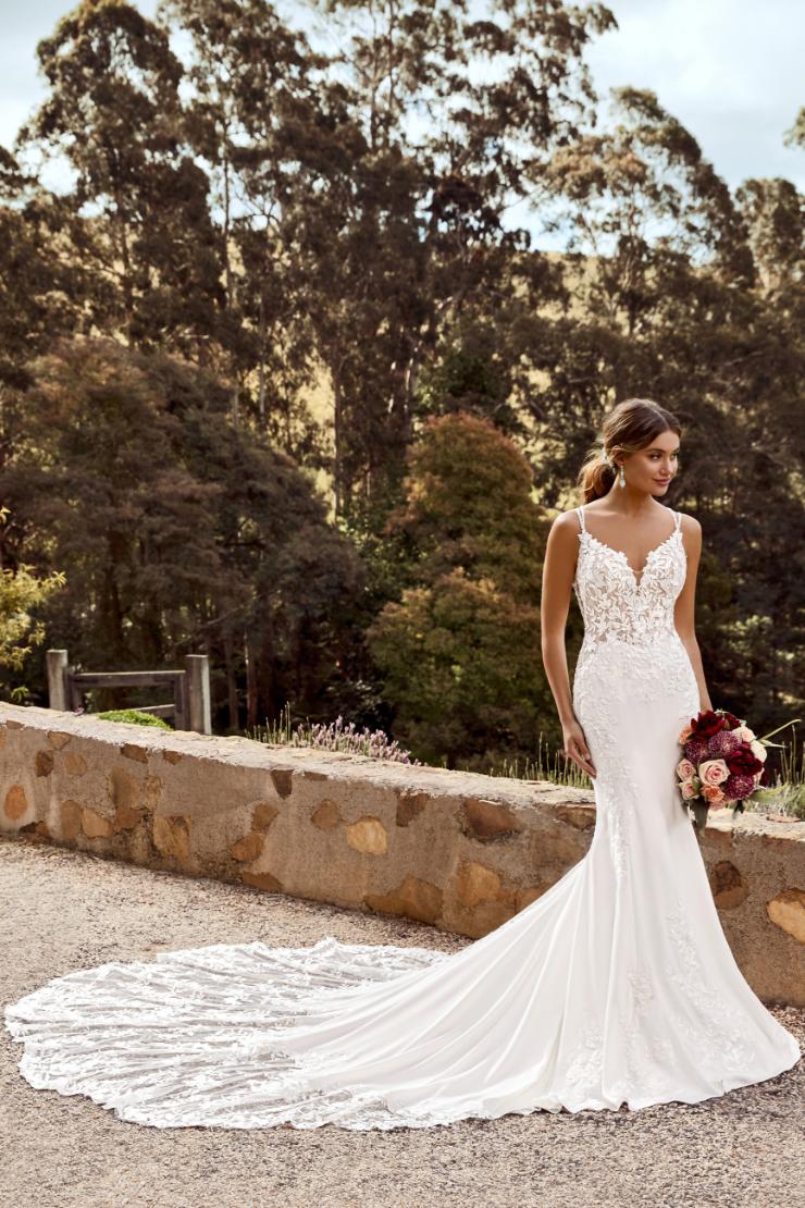 Floral Crepe Wedding Dress with Lace Train Celestina