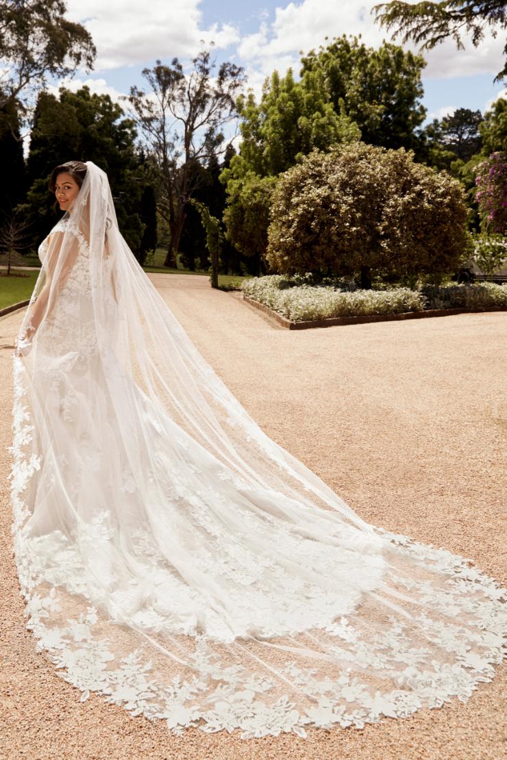 Modern Bridal Veil with Floral Lace Thumbnail Image