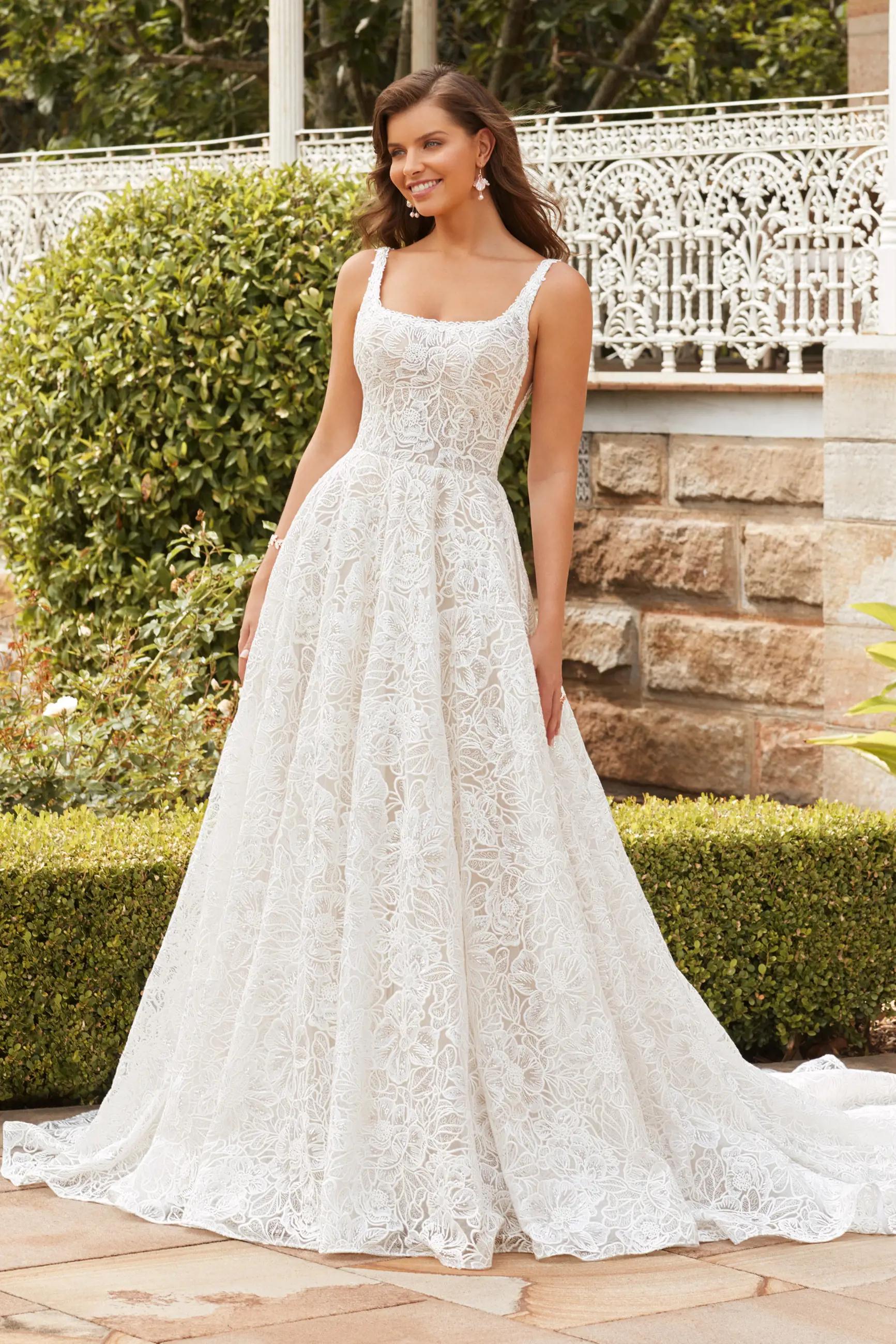 Modern A-Line Wedding Dress with Allover Lace Dahlia $1 autoplay mute thumbnail