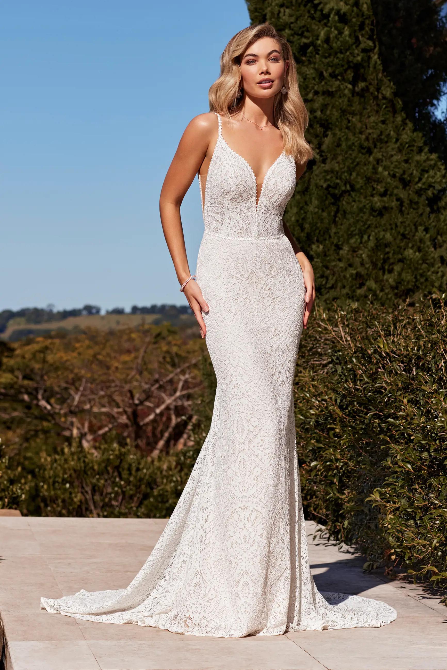 Sheath Wedding Dress with Allover Lace Harvey $1 autoplay loop mute thumbnail